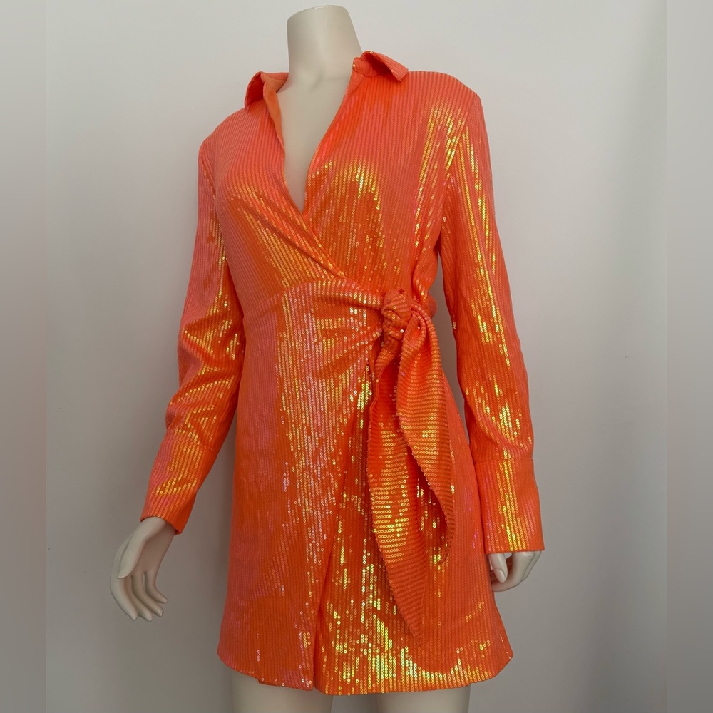 NWT New House Of Harlow 1960 Orange Sequins Wrap Mini Dress Size XS (0-2)